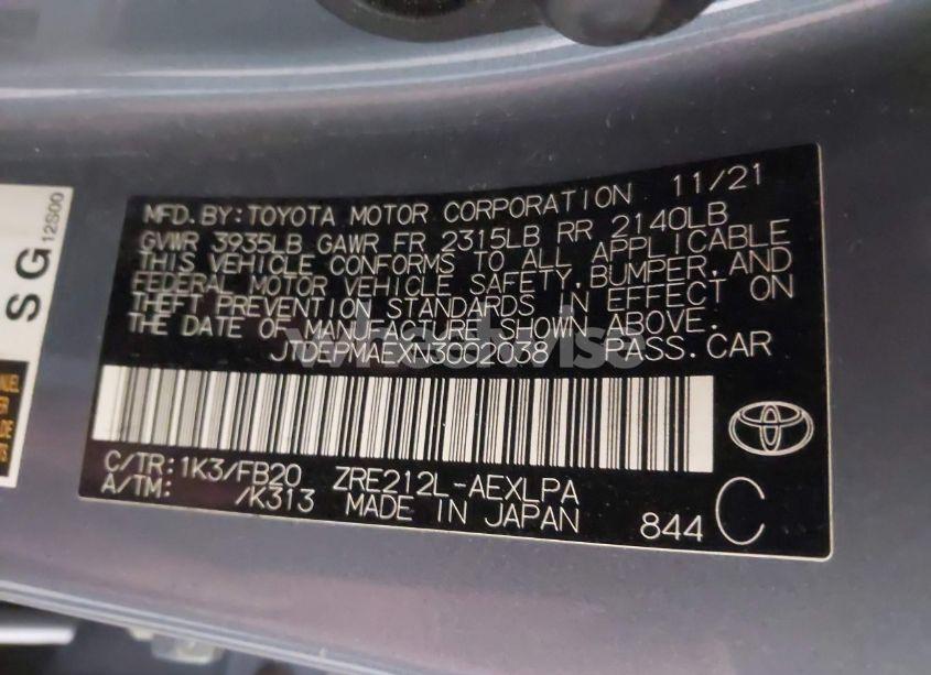 Photo 9 of 2022 Toyota Corolla LE (VIN JTDEPMAEXN3002038)