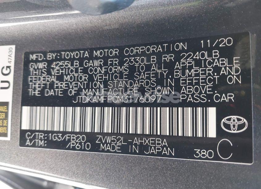 Photo 9 of 2021 Toyota Prius PRIME LE (VIN JTDKAMFP0M3176097)