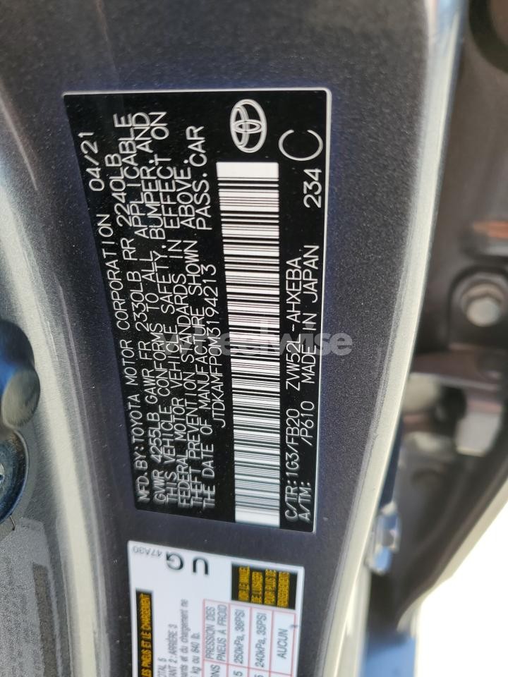 Photo 13 of 2021 TOYOTA PRIUS PRIME LE (VIN JTDKAMFP0M3194213)