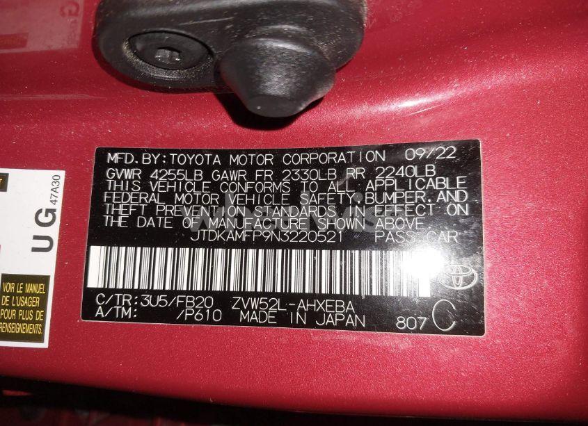 Photo 9 of 2022 Toyota Prius PRIME LE (VIN JTDKAMFP9N3220521)