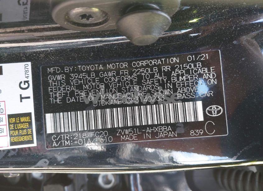 Photo 9 of 2021 Toyota Prius L ECO (VIN JTDKAMFU3M3140233)