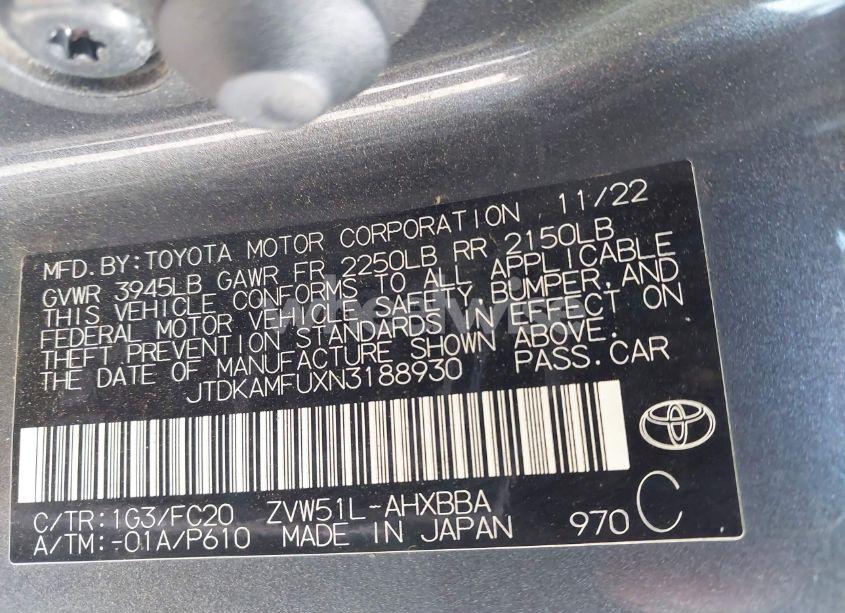 Photo 9 of 2022 Toyota Prius L (VIN JTDKAMFUXN3188930)