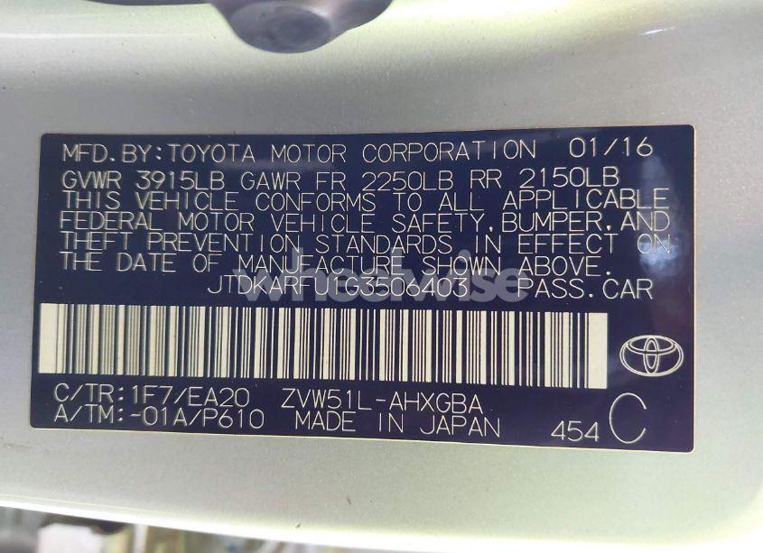 Photo 9 of 2016 Toyota Prius FOUR (VIN JTDKARFU1G3506403)
