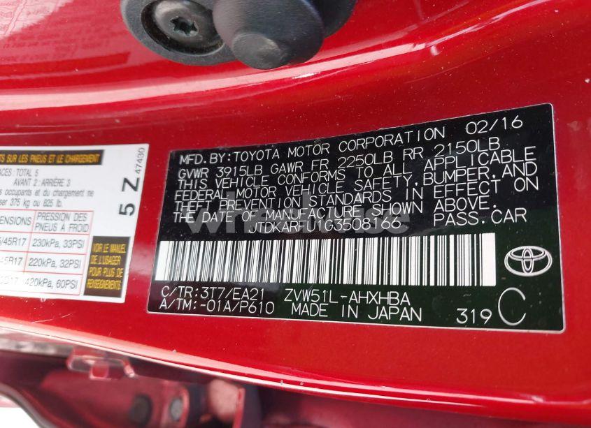 Photo 9 of 2016 Toyota Prius THREE TOURING (VIN JTDKARFU1G3508166)