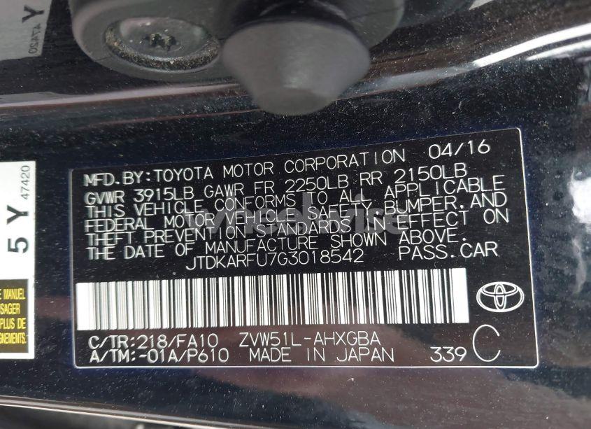 Photo 9 of 2016 Toyota Prius THREE (VIN JTDKARFU7G3018542)