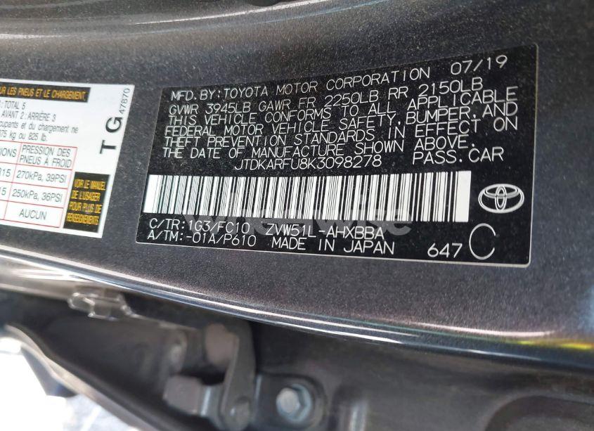 Photo 9 of 2019 Toyota Prius L ECO (VIN JTDKARFU8K3098278)