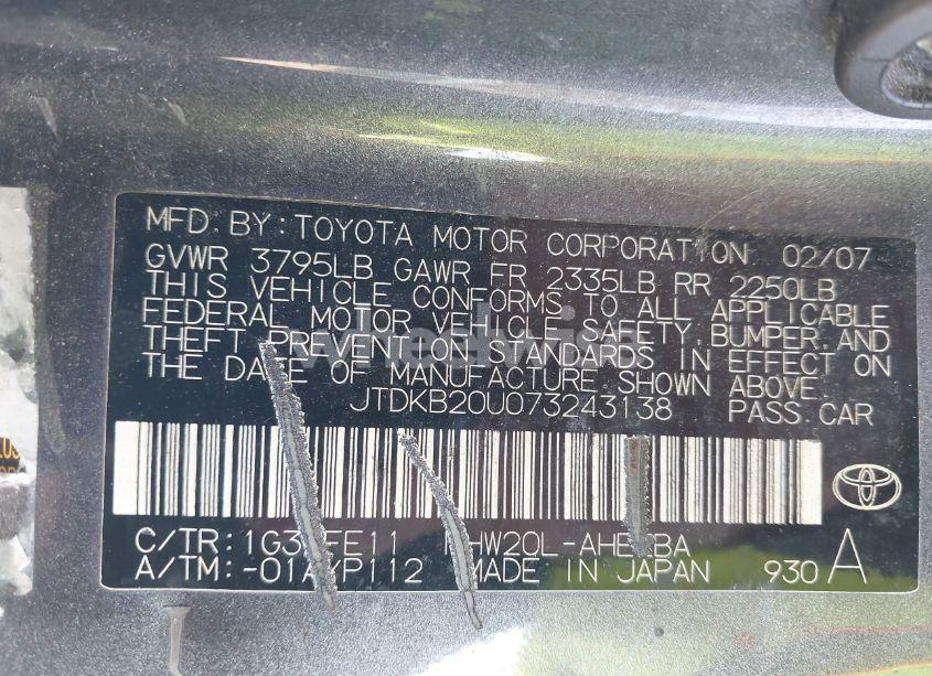 Photo 9 of 2007 Toyota Prius TOURING (VIN JTDKB20U073243138)