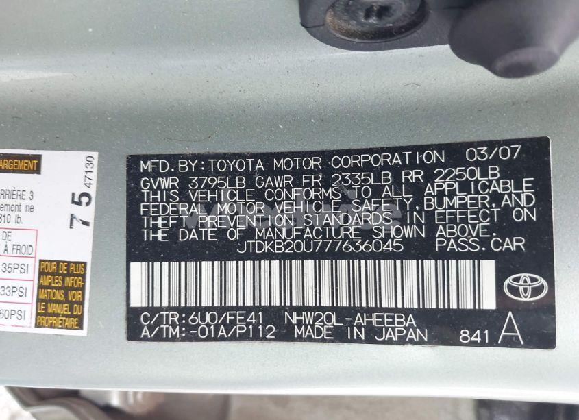 Photo 9 of 2007 Toyota Prius (VIN JTDKB20U777636045)