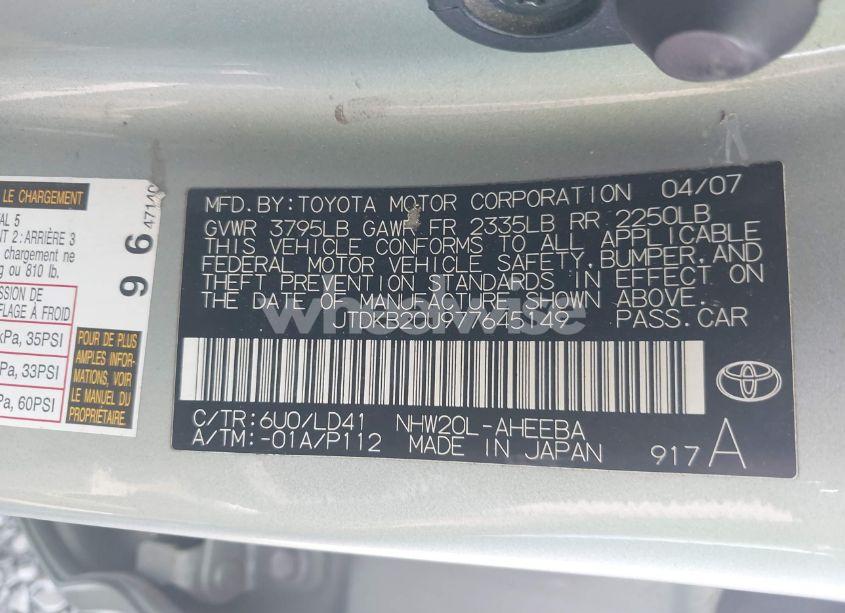Photo 9 of 2007 Toyota Prius TOURING (VIN JTDKB20U977645149)