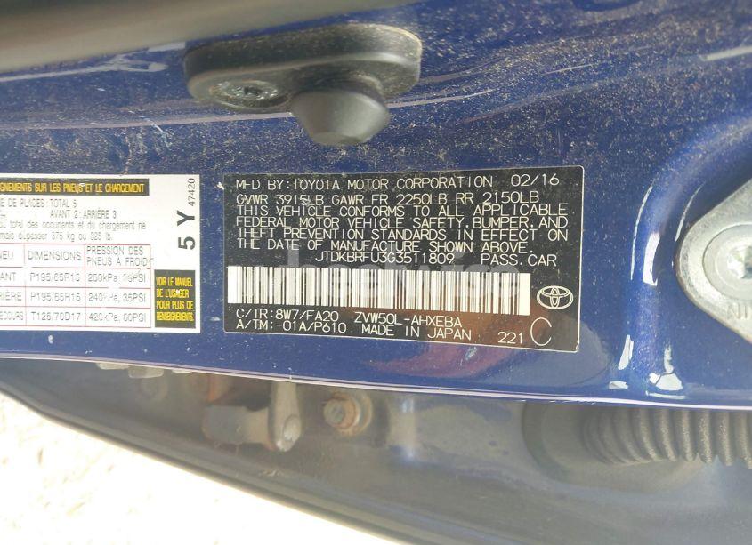 Photo 9 of 2016 Toyota Prius TWO (VIN JTDKBRFU3G3511809)