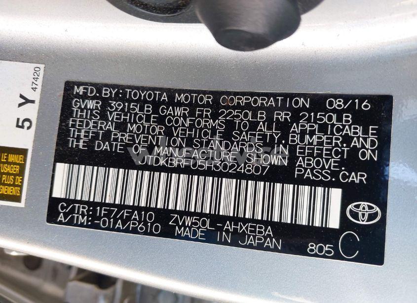 Photo 9 of 2017 Toyota Prius TWO (VIN JTDKBRFU5H3024807)