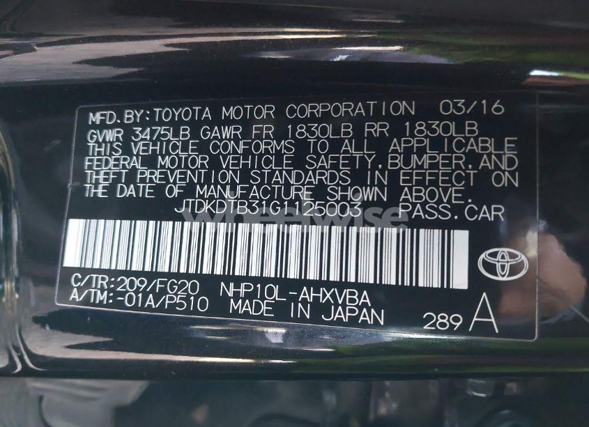 Photo 9 of 2016 Toyota Prius C TWO (VIN JTDKDTB31G1125003)