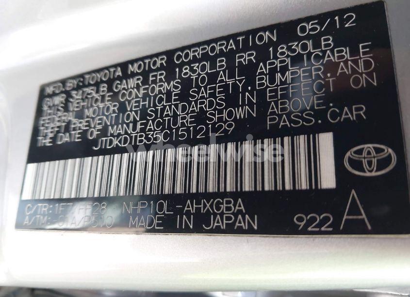 Photo 9 of 2012 Toyota Prius C THREE (VIN JTDKDTB35C1512129)