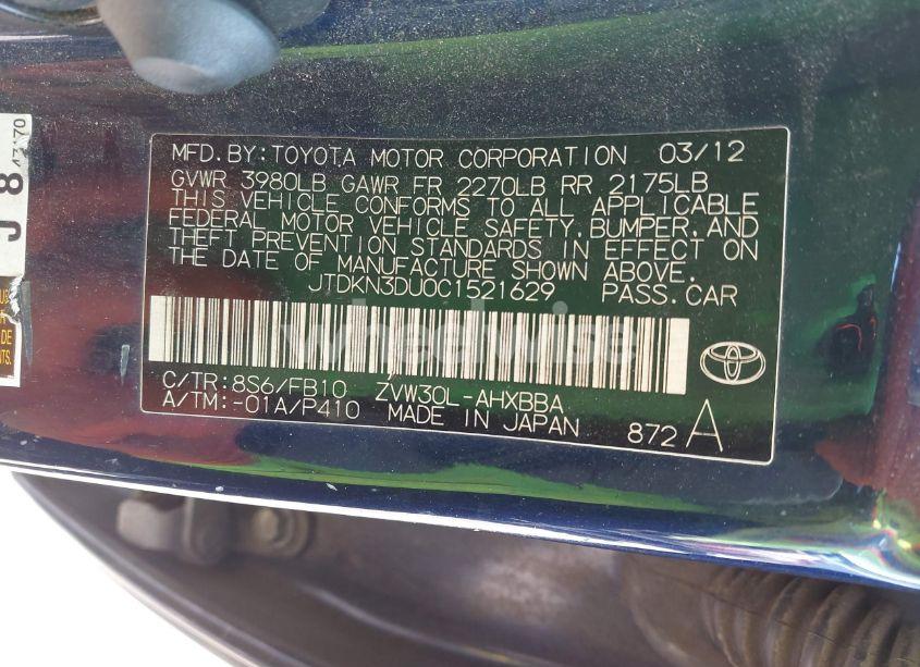 Photo 9 of 2012 Toyota Prius ONE (VIN JTDKN3DU0C1521629)