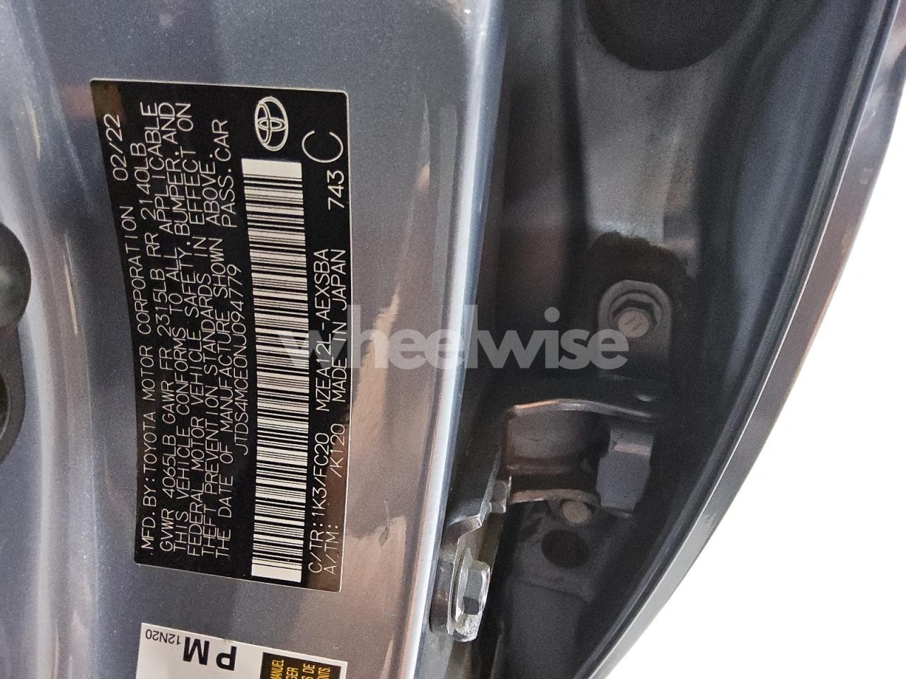 Photo 12 of 2022 TOYOTA COROLLA SE (VIN JTDS4MCE0NJ094779)