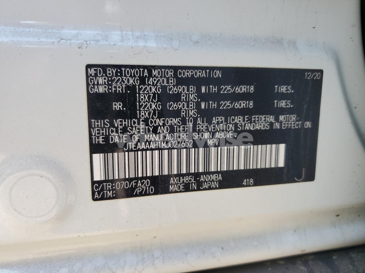 Photo 13 of 2021 TOYOTA VENZA LE (VIN JTEAAAAH1MJ027652)