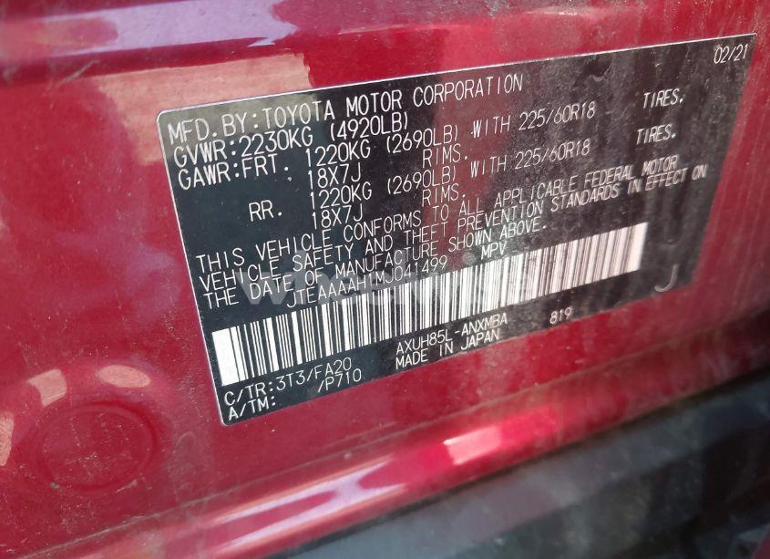 Photo 9 of 2021 Toyota Venza LE (VIN JTEAAAAH1MJ041499)