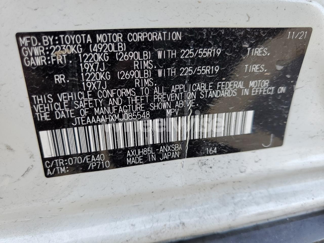 Photo 13 of 2021 TOYOTA VENZA LE (VIN JTEAAAAHXMJ085548)
