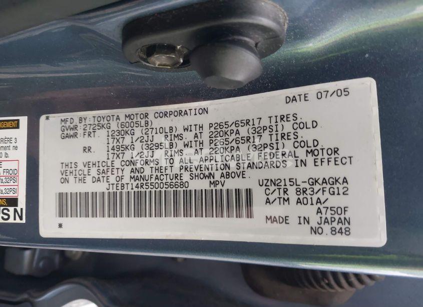 Photo 9 of 2005 Toyota 4runner SR5 V8 (VIN JTEBT14R550056680)