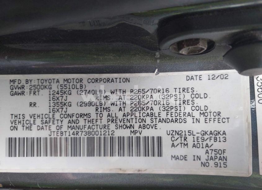 Photo 9 of 2003 Toyota 4runner SR5 SPORT V8 (VIN JTEBT14R738001212)