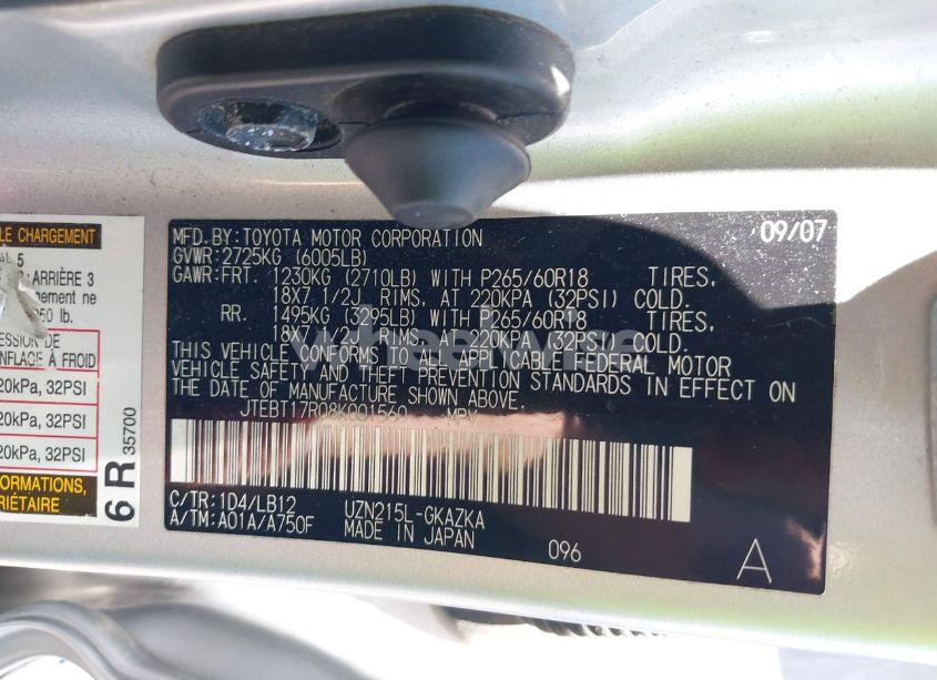 Photo 9 of 2008 Toyota 4runner LIMITED V8 (VIN JTEBT17R08K001560)