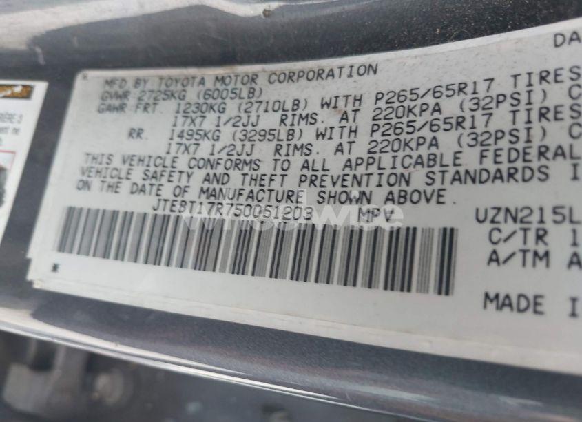 Photo 9 of 2005 Toyota 4runner LIMITED V8 (VIN JTEBT17R750051203)