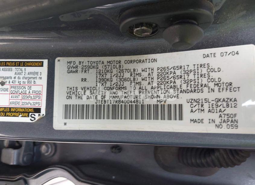 Photo 9 of 2004 Toyota 4runner LIMITED V8 (VIN JTEBT17R840044811)