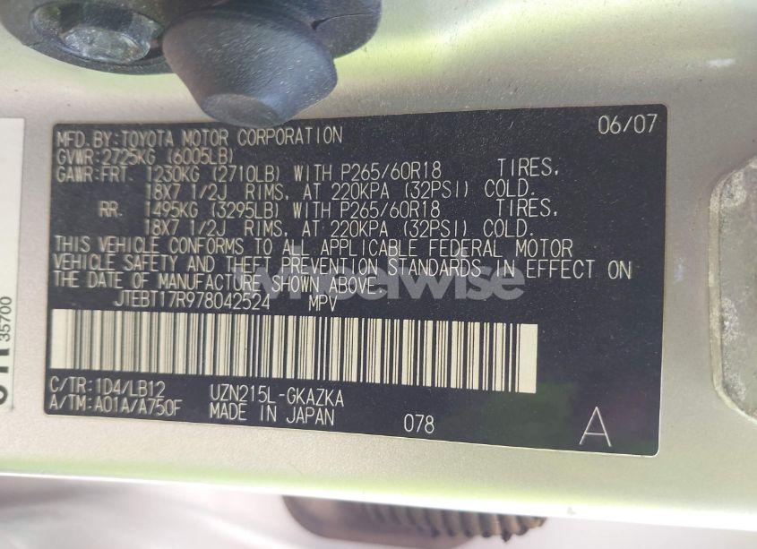 Photo 9 of 2007 Toyota 4runner LIMITED V8 (VIN JTEBT17R978042524)