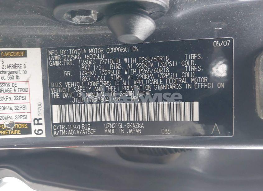 Photo 9 of 2007 Toyota 4runner LIMITED V8 (VIN JTEBT17RX78041768)