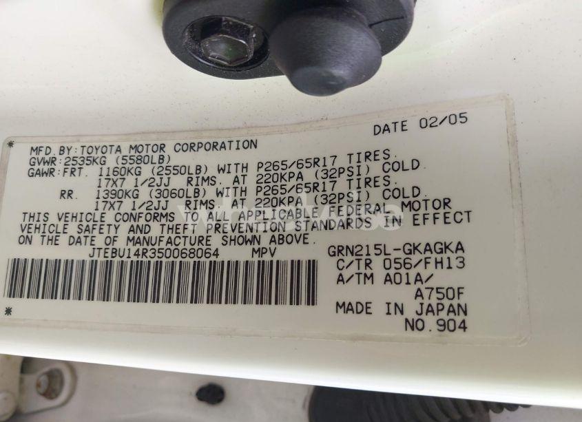 Photo 9 of 2005 Toyota 4runner SR5 SPORT V6 (VIN JTEBU14R350068064)