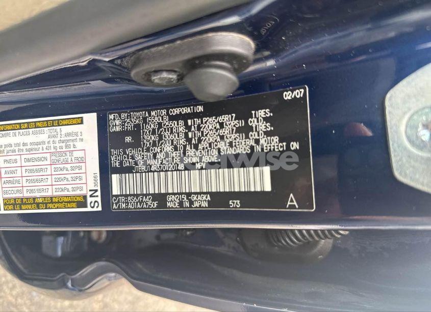 Photo 9 of 2007 Toyota 4runner SR5/SPORT (VIN JTEBU14R370120148)