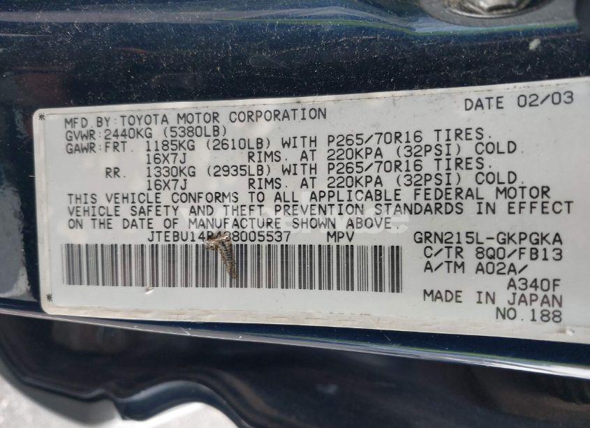 Photo 12 of 2003 Toyota 4runner SR5 SPORT V6 (VIN JTEBU14R438005537)