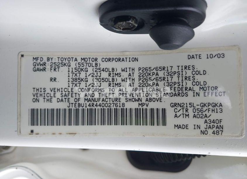 Photo 9 of 2004 Toyota 4runner SR5 SPORT V6 (VIN JTEBU14R440027618)