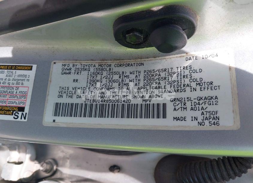 Photo 9 of 2005 Toyota 4runner SR5 SPORT V6/SR5 V6 (VIN JTEBU14R850061420)