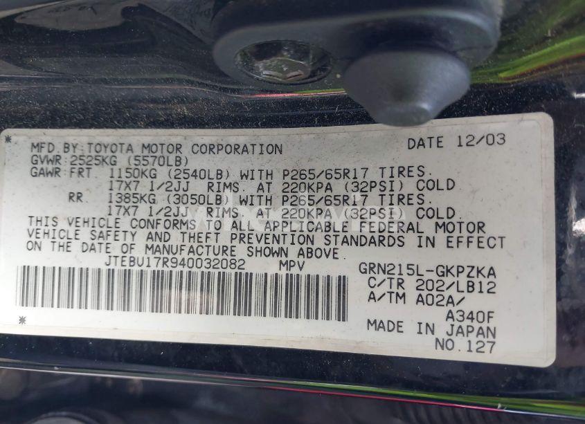 Photo 9 of 2004 Toyota 4runner LIMITED V6 (VIN JTEBU17R940032082)