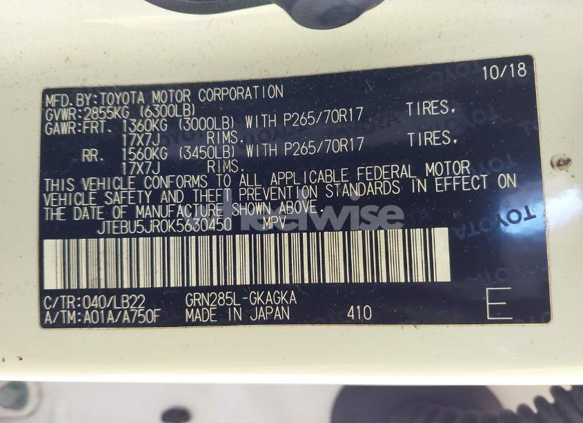 Photo 9 of 2019 Toyota 4runner SR5 PREMIUM (VIN JTEBU5JR0K5630450)