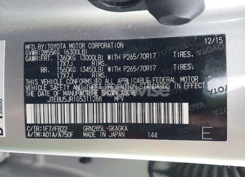 Photo 9 of 2016 Toyota 4runner SR5 PREM/LTDL/TRAIL/TRD (VIN JTEBU5JR1G5311288)