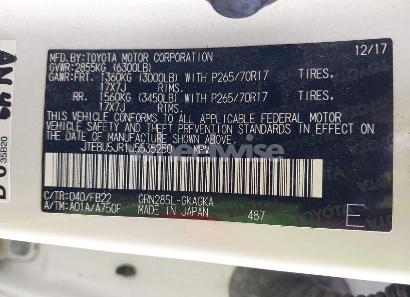 Photo 9 of 2018 Toyota 4runner LIMITED/SR5/SR5 PREMIUM/TRD OFF ROAD/TRD OFF ROAD PREMIUM/TRD PRO (VIN JTEBU5JR1J5535250)