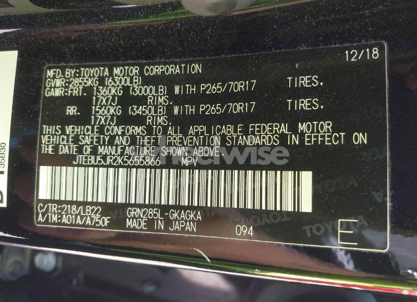 Photo 9 of 2019 Toyota 4runner LIMITED/LIMITED NIGHTSHADE/SR5/SR5 PREMIUM/TRD OFF ROAD/TRD OFF ROAD PREMIUM/TRD PRO (VIN JTEBU5JR2K5655866)