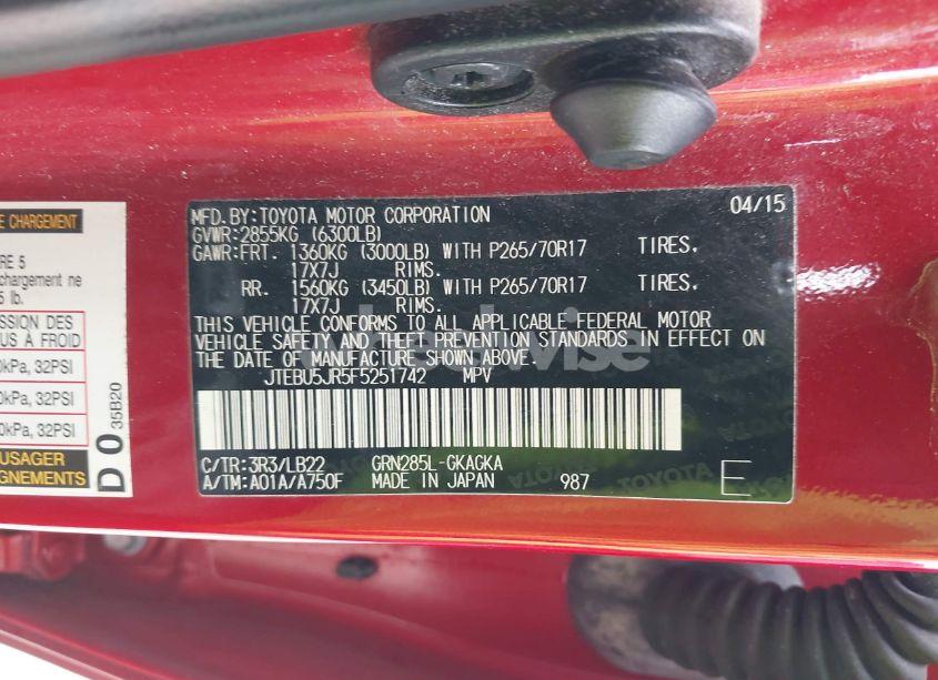 Photo 9 of 2015 Toyota 4runner SR5 PREMIUM (VIN JTEBU5JR5F5251742)