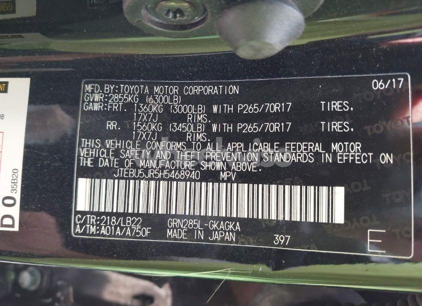 Photo 9 of 2017 Toyota 4runner SR5 PREMIUM (VIN JTEBU5JR5H5468940)