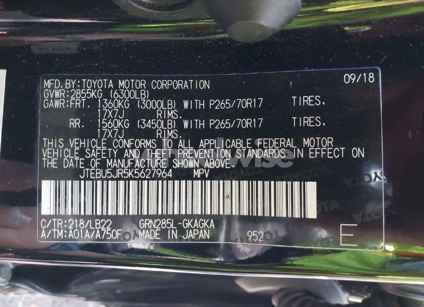 Photo 9 of 2019 Toyota 4runner SR5 PREMIUM (VIN JTEBU5JR5K5627964)