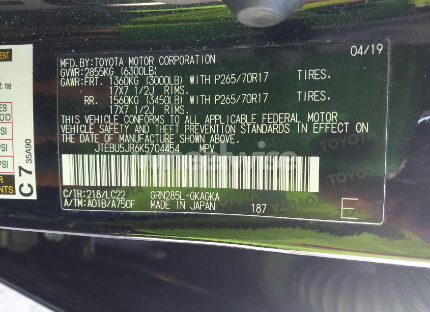 Photo 9 of 2019 Toyota 4runner LIMITED/LIMITED NIGHTSHADE/SR5/SR5 PREMIUM/TRD OFF ROAD/TRD OFF ROAD PREMIUM/TRD PRO (VIN JTEBU5JR6K5704454)