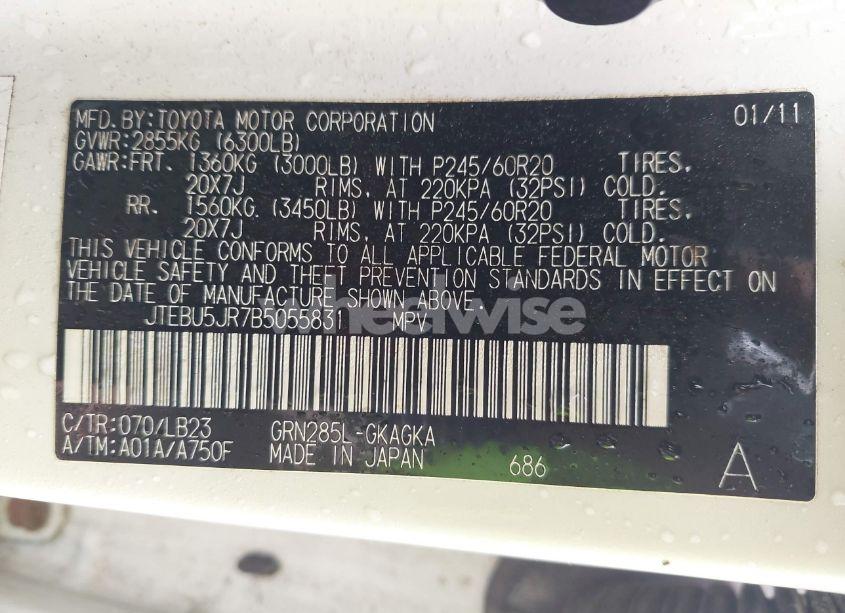 Photo 9 of 2011 Toyota 4runner LIMITED V6/SR5 V6/TRAIL V6 (VIN JTEBU5JR7B5055831)