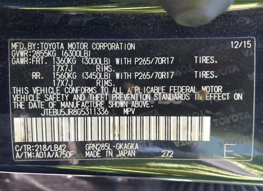 Photo 9 of 2016 Toyota 4runner LIMITED/SR5/SR5 PREMIUM/TRAIL/TRAIL PREMIUM/TRD PRO (VIN JTEBU5JR8G5311336)
