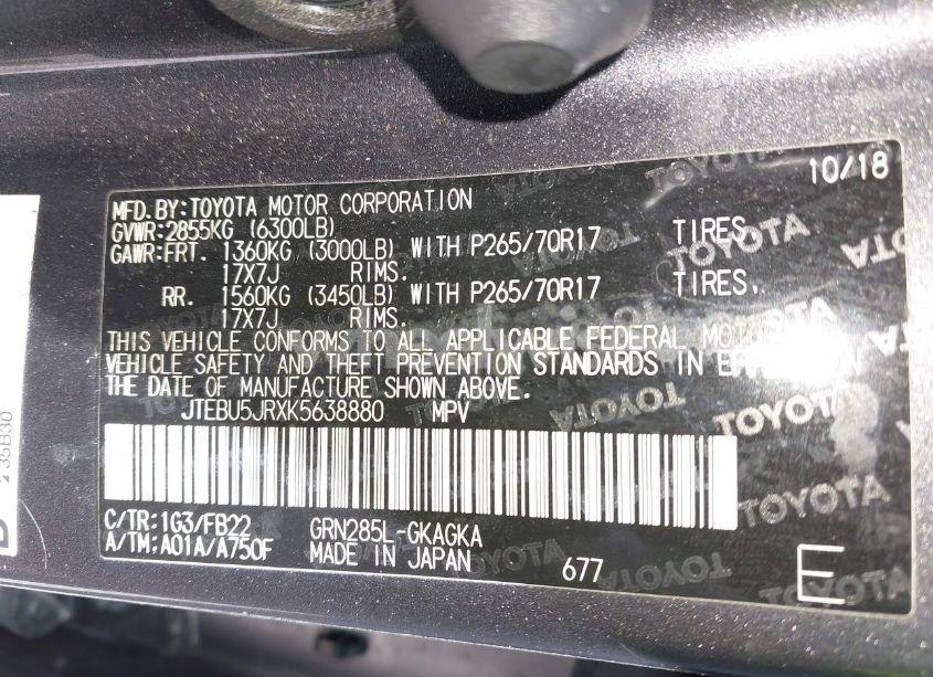 Photo 9 of 2019 Toyota 4runner SR5 (VIN JTEBU5JRXK5638880)