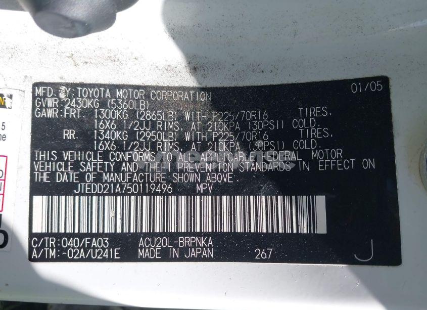 Photo 9 of 2005 Toyota Highlander (VIN JTEDD21A750119496)