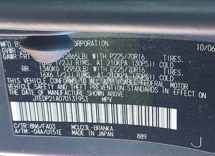 Photo 9 of 2007 Toyota Highlander V6 (VIN JTEDP21A070131953)