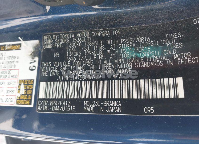 Photo 9 of 2005 Toyota Highlander V6 (VIN JTEDP21A750088922)