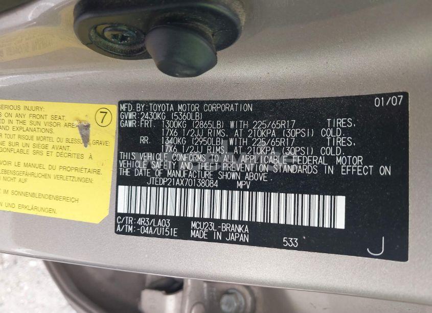 Photo 9 of 2007 Toyota Highlander LIMITED V6 (VIN JTEDP21AX70138084)